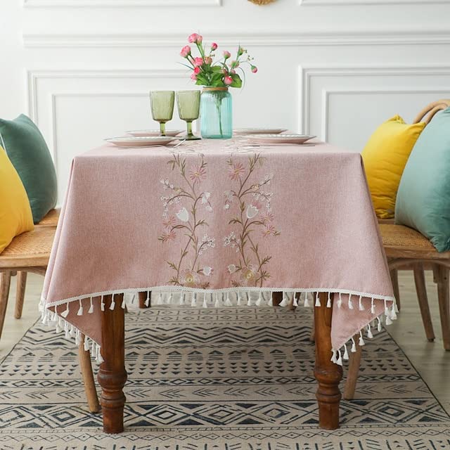 Nappe en lin NATOU anti-plis nappe rectangulaire florale à pompons