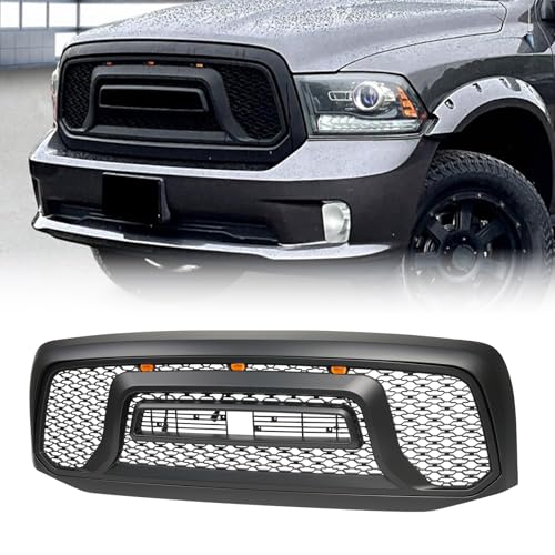 BDBO Front Grill Compatible With Dodge Ram 1500 2006 2007 2008 & Dodge Ram 2500 3500 2006-2009 Matte Black Front Bumper Grille With Accessories/Letters/Amber Light Up