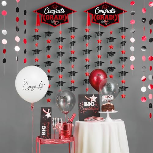 Image of Graduation Decorations 2026, Black and Red Cap Garland - Pack of 2, No DIY | Congrats Grad Garlands for Wall Decor | Cap Garland for Graduation Party Decorations, 2026 Graduation Decoration, KatchOn