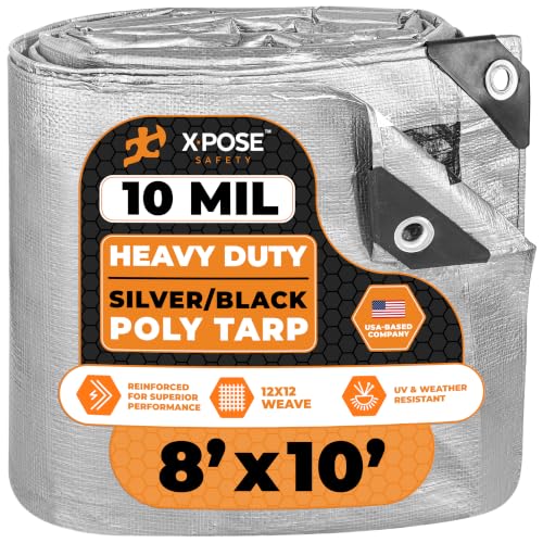 Image of Heavy Duty Poly Tarp - 8' x 10' - 10 Mil Thick Waterproof, UV Blocking Protective Cover - Reversible Silver and Black - Laminated Coating - Grommets - by Xpose Safety