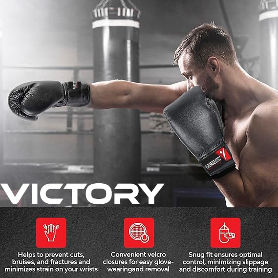 Image of VICTORY Boxing Gloves for Men & Women with Moulded Foam Padding Punching Bag Gloves for Boxing, Training, Kickboxing, Muay Thai, MMA, Durable Pu Material Twin Punching Gloves (Full Black, 10-12 Oz)