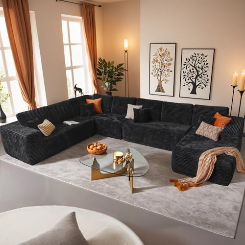 Image of HOOOWOOO Cloud Sectional Couches for Living Room,Modular Sectional Sofa No Assembly,165X110 Inch Plush Corduroy Large U Shaped Floor Couch Set with Deep Seat Chaise Lounge(Black)