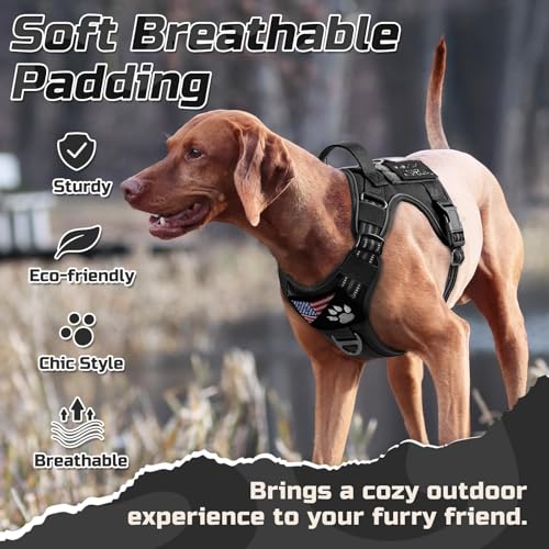 rabbitgoo Hundegeschirr Grosse Hunde, Anti Zug Geschirr Hund Verstellbar mit Griffe Verbreitert, Robust und Verschleißfest, Taktisches Hundegeschirr mit Metallschnallen zum Wandern(XL, Schwarz)