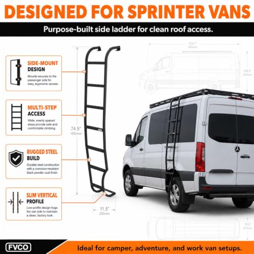 Image of FVC Wheel Wrap Side Ladder for 2007-2026 Low Roof Mercedes Benz Sprinter | Mounts to the Factory Roof Rails, Retains T-Vent or Pop-Out Windows on Driver Side, Seven Gripped Steps