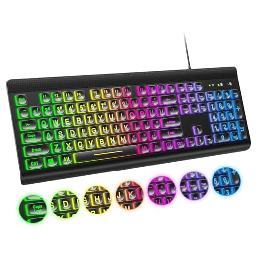 Atelus Large Print Backlit Keyboard, USB Wired Computer Keyboard, Full Size Keyboard with Rainbow Illuminated LED Compatible for Windows Desktop, Laptop, PC, Gaming, Black