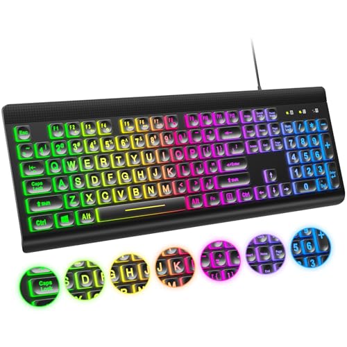 Image of Atelus Large Print Backlit Keyboard, USB Wired Computer Keyboard, Full Size Keyboard with Rainbow Illuminated LED Compatible for Windows Desktop, Laptop, PC, Gaming, Black