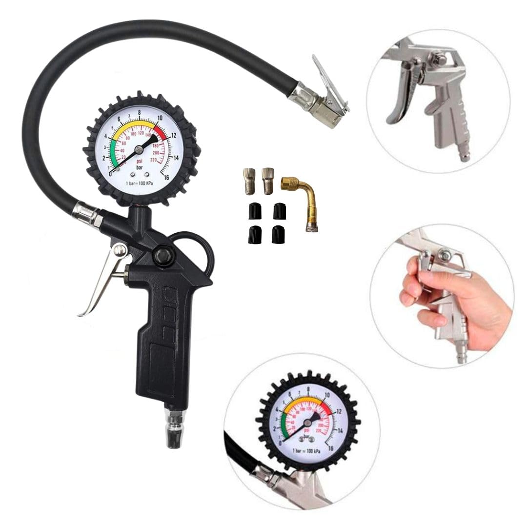 A.M.C. Pistola Gonfiaggio Pneumatici Professionale con Manometro Pressione tra 0-220 Psi e 0-16 Bar per Pressione Gomme di Auto Moto Camion e Biciclette