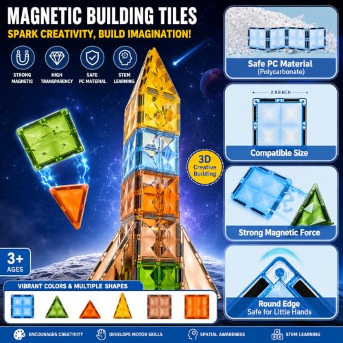 Image of Magnetic Tiles Building Set for Kids, Multicolour, 3D Construction (48) | 3D Construction