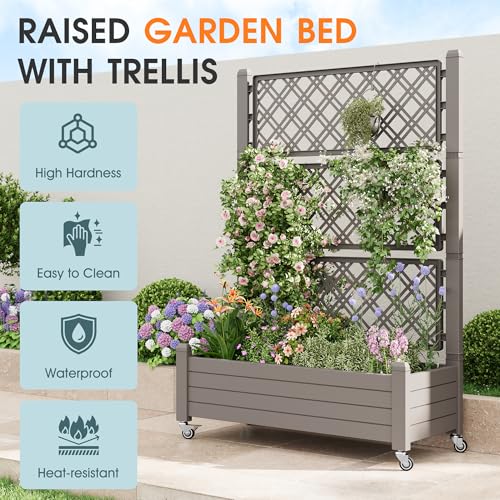 WTFGO Resin Raised Garden Bed with Trellis and Wheels - Plasitc Planter Box with Trellis Outdoor with Drainage Holes & Water Monitor for Climbing Plants, Flower, Medium Gray(61.2" H) by WTFGO - Image 5