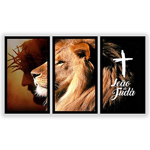 Kit 3 Quadros Decorativos Grandes com MOLDURA Leão de Judá Religioso