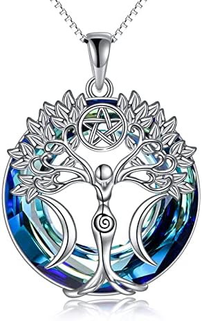 YAFEINI Triple Moon Goddess Necklace Sterling Silver Pentagram Pentacle Tree of Life Pendant Necklace Pagan Wiccan Magic Amulet Jewellery for Women Men