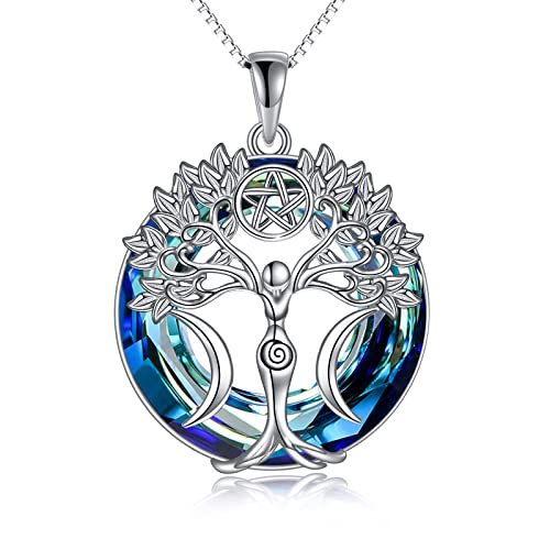 YAFEINI Tree of Life Necklace Sterling Silver Pentagram Pentacle Triple Moon Goddess Pendant Necklace Pagan Wiccan Magic Amulet Jewelry for Women Men