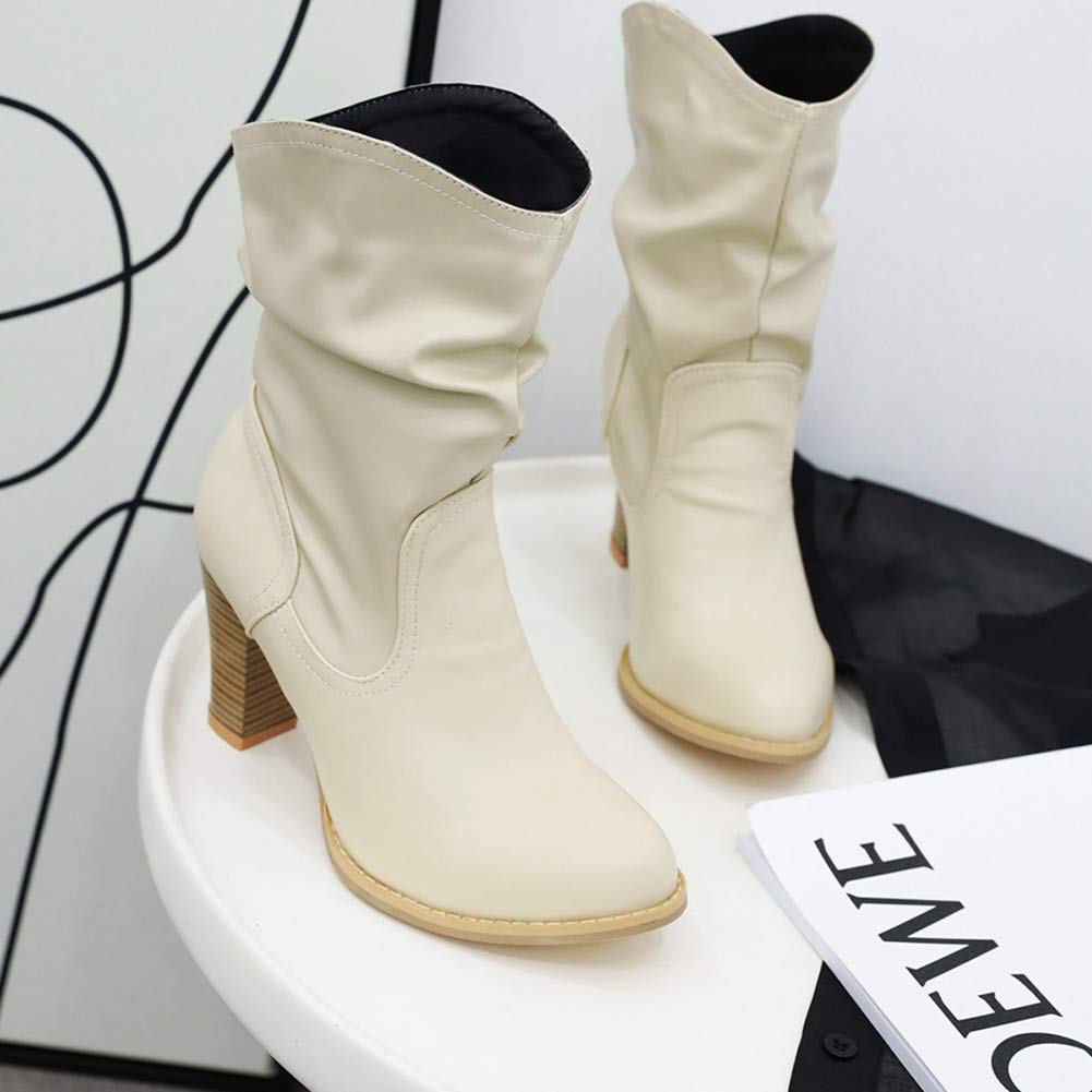 Mujer Elegante Tacón de Bloque Sin Cordones Botas de Pantorrilla Fruncidas Mullido Botas Holgadas