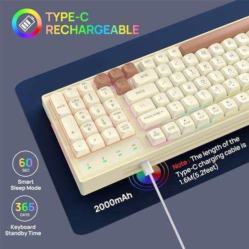 Image of KOLMAX BK98 Wireless Gaming Keyboard, Dual Mode 2.4G /Bluetooth Gaming Keyboard,RGB Backlit Ergonomic 98 Keys PBT Mechanical Feeling Wireless Keyboard for Office Windows Mac PC Gamer(Retro Brown)