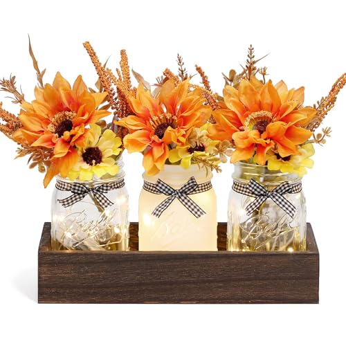 Thanksgiving Mason Jar Centerpiece for Table with LED Lights & Artificial Flowers, Set of 3 Mason Jars Farmhouse Painted Decorative Jars for Fall Home Decor Kitchen Table Centerpiece