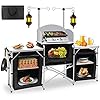 Seeutek Camping Kitchen Table Aluminum Portable Outdoor Cooking Table Foldable Camp Table with Windscreen and 3 Storage Cupboards Multifunctional for BBQ Party Outdoor Activities