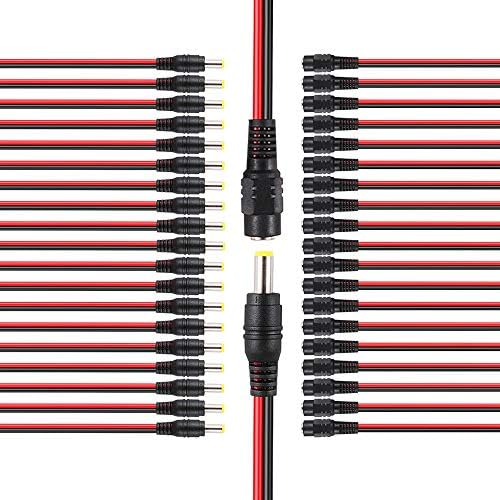 Aiqeer 20 Pairs DC Power Pigtail Cable, 5.5 X 2.1 mm DC Power Male & Female Connector Pigtail Cable, for CCTV DVR Surveillance Video System