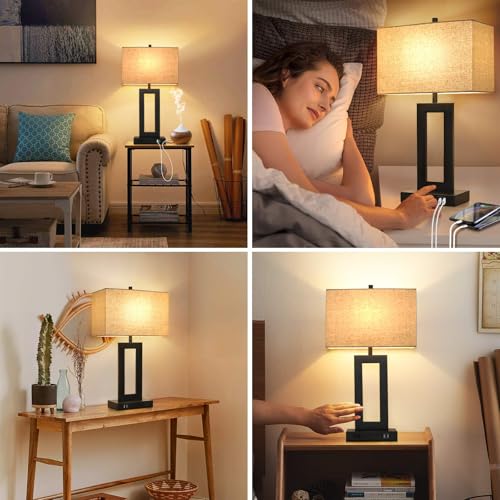 Set of 2 Touch Control Table Lamp with 2 USB Ports, 3-Way Dimmable Modern Nightstand Lamp Sets Bedside Touch Desk Lamp with Fabric Cream Shade For Bedroom Table Living Room Reading, Included Bulbs by TOBUSA - Image 9