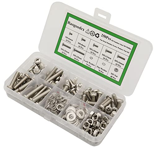 250Pcs Phillips Pan Head Machine Screws M5 X 6Mm /8Mm /10Mm /12Mm /16Mm /20Mm/25Mm 304 Stainless Steel Metric Screws Bolt Nut Flat Washers Kit #TOP6