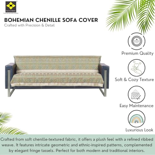 Image of Elegant Woven Green Sofa Cover - Soft Chenille Traditional Pattern with Lace Style | L-Shape Sectional Seat Protector for Living Room | Durable & Stylish Slipcover 3 Seater Sofa