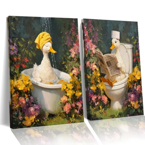 Image of Frimeeme Duck Canvas Wall Art, 2 Pcs, 12x16 Inch | Duck Botanical in Bathtub Pictures Art, Floral Wall Paintings, For Bathroom Restroom Decor