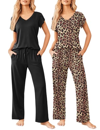 Ekouaer 2 Pack Womens Pajamas Short Sleeve Sleepwear Top with Pants Super-Soft Printed Lounge Sets S-XXL