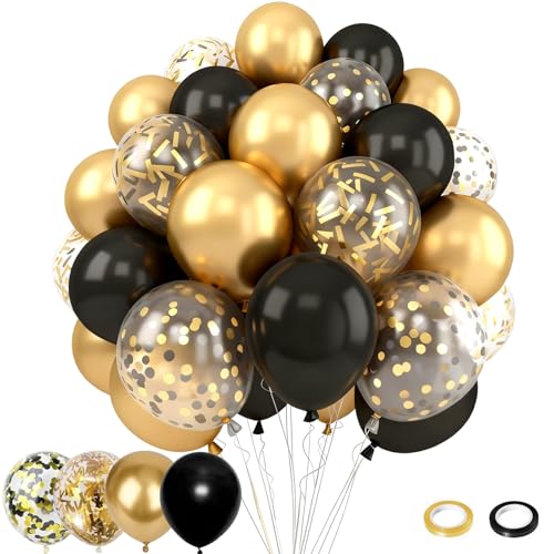Vectorgolden Black and Gold Balloons 60Pcs 12 Inch Black and Gold Latex Confetti Balloons with Ribbon for Birthday Party Weddings Graduation Party Decorations Retirement Celebrations