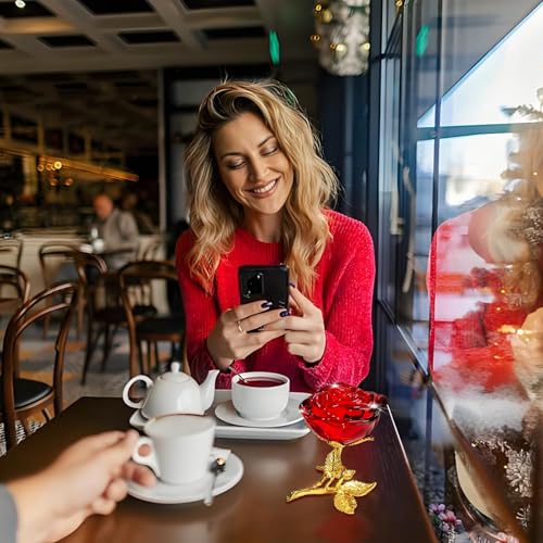 Rote Kristall Rose Figur mit Golden Stiel,3D Glasrose Geschenk für Sie,K9 Kristallrose mit Wunschkarte,Ewige Blume für Frauen zum Geburtstag, Muttertag, Hochzeit, Jahrestag, Valentinstag, Weihnachten