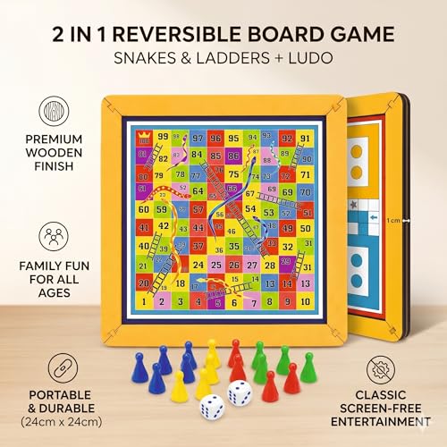 Image of 2 in 1 Wooden Board Game | Ludo & Snakes and Ladders | Reversible Wooden Game Board | 24 x 24 cm | Family & Kids Board Game