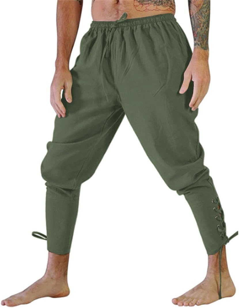 Men Medieval Trousers Pirate Pants Lace-Up Bandage Pants Halloween Vintage Loose Woven Cotton Joggers