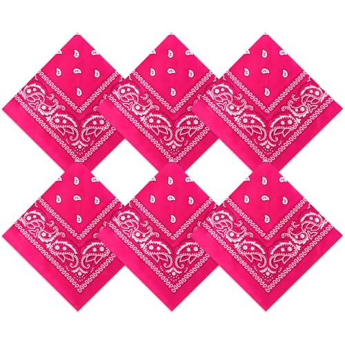 Blulu 6 Pcs Hot Pink Neon Color Cowboy Bandanas for Men Women Assorted Paisley Pattern Handkerchiefs 22 x 22 Inch Kids Headwrap Scarfs