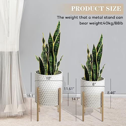 Oakrain Mid Century Planters For Indoor Plants, Set Of 2, Modern Decorative Metal Planter Pots For Living Room, Office, Garden Or Balcony, Gray And White Gradient Planter With Stand, 8 Inch & 10 Inch #TOP3