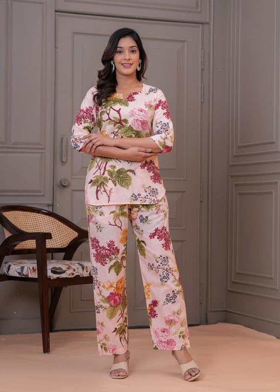 Image of Women Cotton Relaxed Fit Fit and Flare Suit | Printed Night Suit | Half Sleeve Co-Ord Set