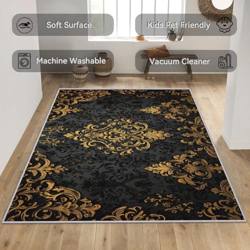 Tapete corredor Damask 2x3 ft negro y dorado miniatura 6