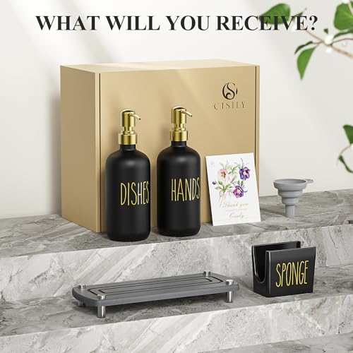 Image of Cisily Kitchen Soap Dispenser Set Comes with Ceramics Sponge Holder, Gold Pumps, and Instant Dry Tray, Hand and Dish Soap Dispenser Set (4, Gold + Black + Sponge Holder)