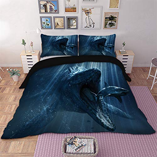 HNHDDZ Funda de edredón Dinosaurio, Juego de Cama para Niños Chico Chica, jurásico Mar Profundo Dinosaurio Depredando Tiburón Paisaje Ropa de Cama 3D (Estilo 2, 180x220 cm - Cama 90/105 cm)