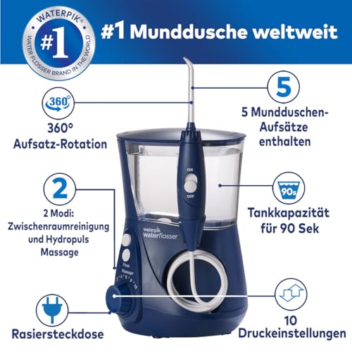 Waterpik Ultra Professional Munddusche, Testsieger 2024, Precision Pulse Technology, TÜV Siegel, bis zu 99,9 Prozent Plaque Entfernung, 7x Aufsätze, 10x individuelle Modi, integrierter Timer, Blau – Bild 3