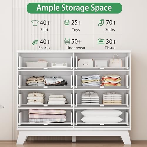 Image of Fluted Dresser for Bedroom with 8 Drawers, 48 inch Wide Modern Chest of Drawers with Metal Handle, Wooden Dresser TV Stand, Wood Closet Clothes Storage Drawer Organizer for Living Room, Hallway, White