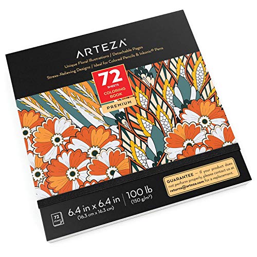ARTEZA Libro de colorear para adultos con dibujos de flores, 6.4x6.4 (16,3x16,3 cm), 72 páginas extraíbles, papel de 150 gsm, contornos negros, alivia el estrés coloreando, para hombres y mujeres