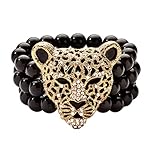PalmBeach Goldtone Enamel Round Natural Black Onyx and Round Crystal, Onyx Leopard Stretch Bracelet (42mm), 8.5 inch Length