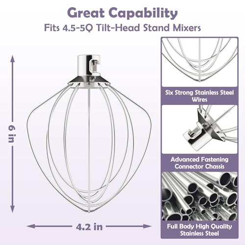Image of Stainless Steel 6-Wire Whisk Attachment for KitchenAid Mixer, 4.5-5Qt Tilt-Head Stand Mixer Compatible, Dishwasher Safe, Ideal for Whipping Cream, Mixing Flour & Cake, Perfect for Mayonnaise Whisks