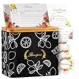 Leather Recipe Cards and Box Set with 100 Recipe Cards and 20 Dividers ,Wedding Wooden Recipe Card Holder Box (black)