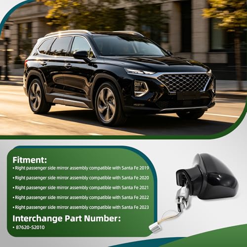 Yunnergo Right Passenger Side Mirror Assembly Compatible with Santa Fe 2019-2023 with Blind Spot & Manual Folding & Power Glass 87620-S2010 Glossy Black (5 Pins) (Right) by Yunnergo - Image 3