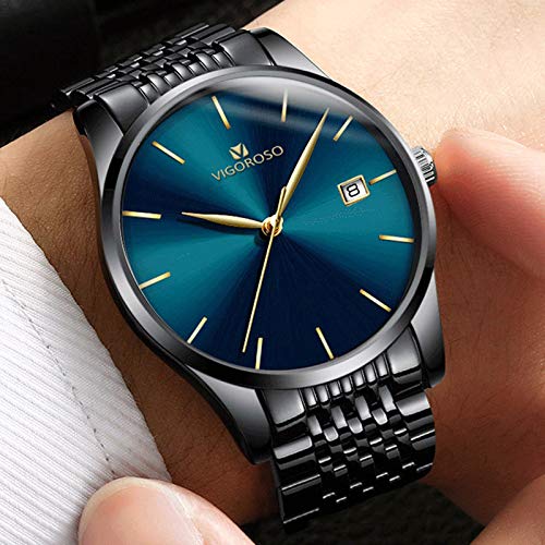 VIGOROSO Men's Fashion Ultra Thin Watches Stainless Steel Sport Quartz Analog Date Hours Wrist Watch (Blue)