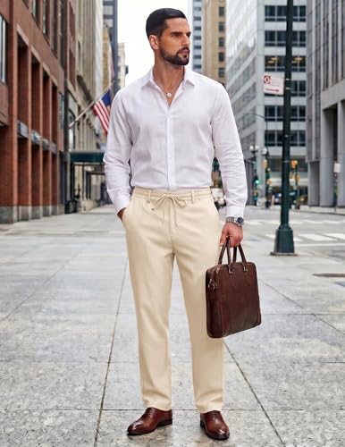 Image of COOFANDY Mens Cotton Linen Pants Casual Drawstring Summer Beach Pants Lightweight Linen Dress Trousers
