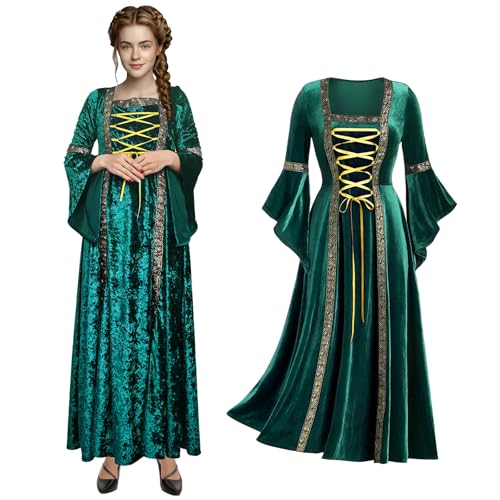 Retro Mittelalter Damen Kleid mit Trompetenärmel,Mittelalterliche Viktorianischen Grün Samt Königin Kleider, Renaissance irisch Kleid,Karneval...