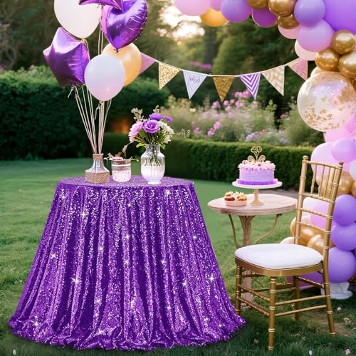 Image of B-COOL Sequin Tablecloth Round Party Decorations: Purple Table Cloth Overlay 120 Inch Sparkle Fabric for Birthday Ceremony Parties Halloween