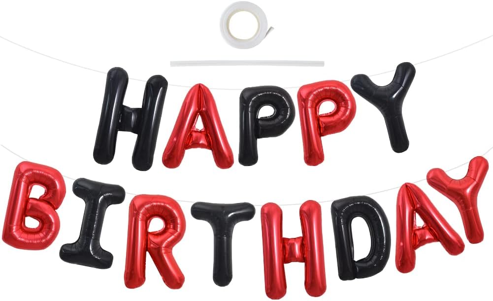  Black and Red Happy Birthday Balloon Banner Decor for Men Boys Girl
