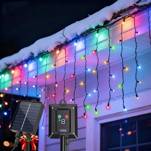 Aigostar Luci Solari da Esterno/Interno - 3M+5M*0.4M Cascata di Luci per Esterno 100 LED, 8 Modalità, IP65, RGB, Tenda Luminosa per Giardino, Balcone, Camera da Letto
