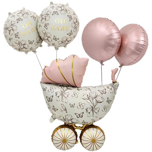 5 Pièces Ballons Baby Shower, Décoration de Fête Prénatale pour Fille, Ballon en Aluminium pour Landau, Motif Papillon Ballons, Ballon Oh Baby, Décoration de Fête...
